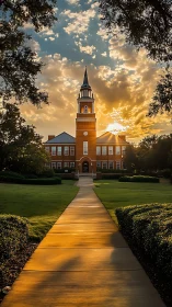 Brick campus hall under golden sunset sky, central tower