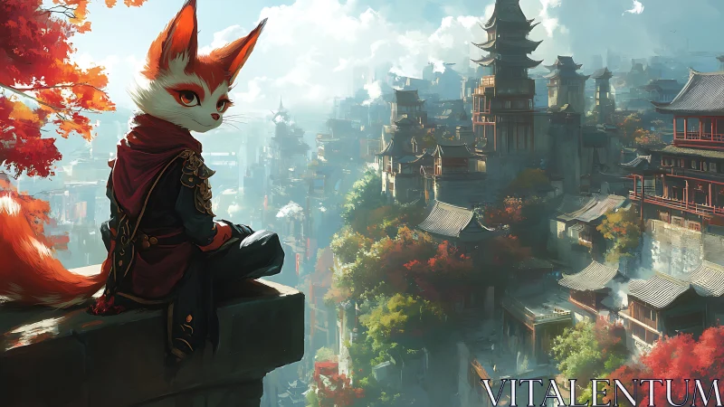 Fox warrior sits above dense autumn city of pagodas