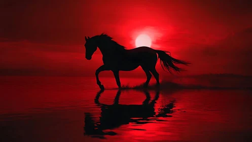 Equine silhouette trotting through shallow water at red dusk