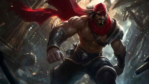 Battle-hardened warrior charges through ruined cityscape.