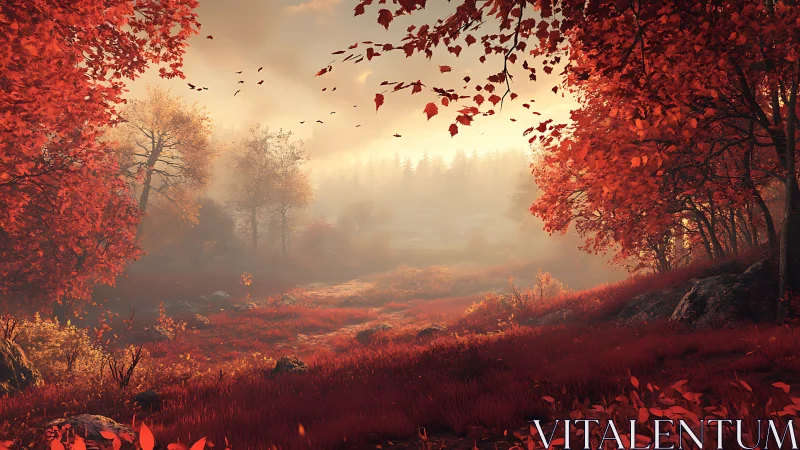 Autumn woodland valley with misty horizon and red foliage.
