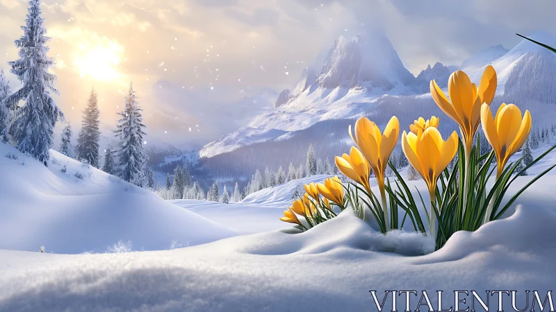 Golden crocus blossoms punctuate a luminous alpine winter