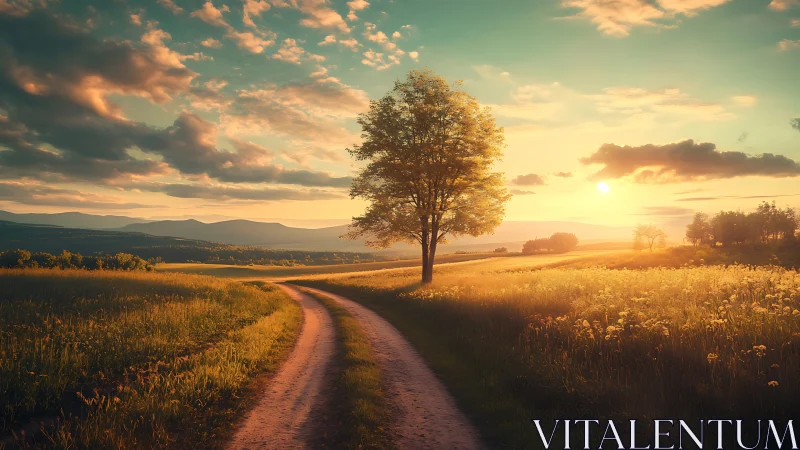 Golden country lane curves gently toward a peaceful sunset