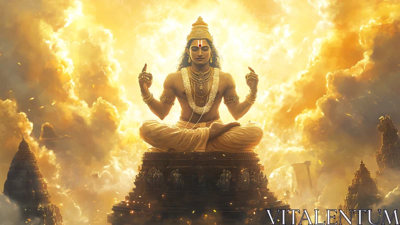Divine figure sits cross-legged above temples in glowing clouds