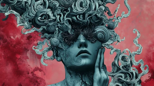 Surreal portrait with swirling organic hair and blind gaze.
