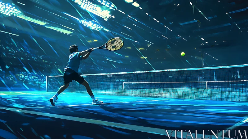 Electric blue tennis rally under cinematic arena lights.
