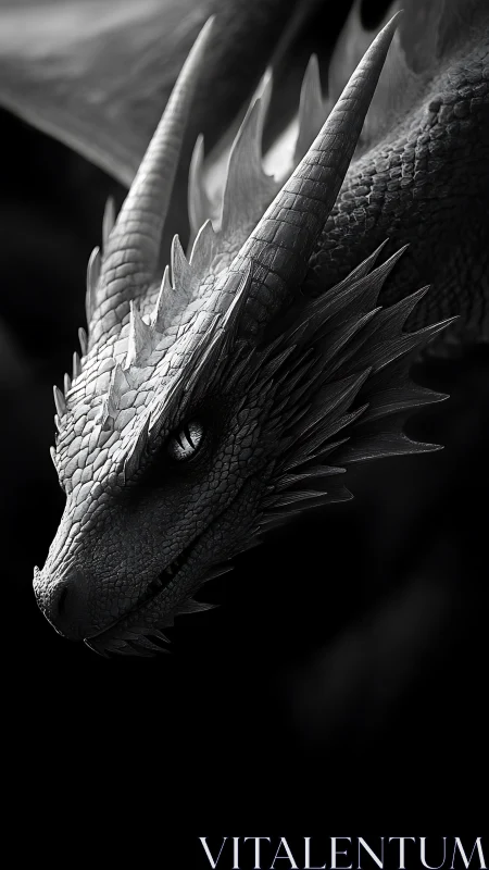 Monochrome close-up of detailed dragon head profile.