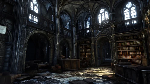 Gothic vaulted library interior rendered with high contrast volumetric lighting