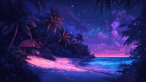 Bioluminescent Tropical Beach with Spectral Illumination and Palm Canopy.