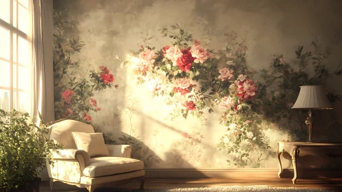 Sunlit armchair before mural of roses in classical interior