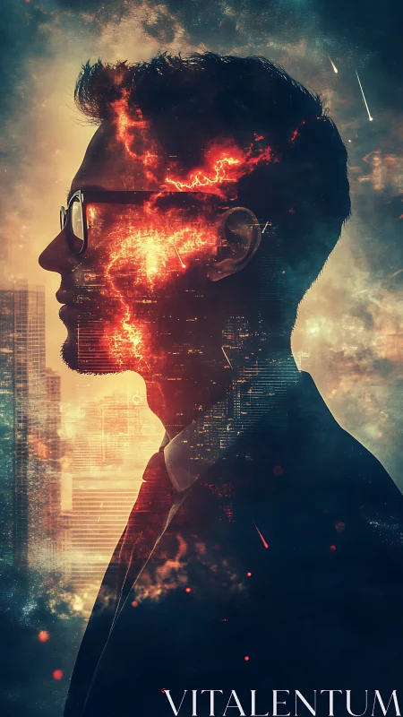 Silhouetted thinker merges with neon city and erupting cosmos