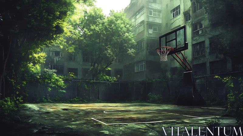 Abandoned urban basketball court lies silent under lush overgrowth