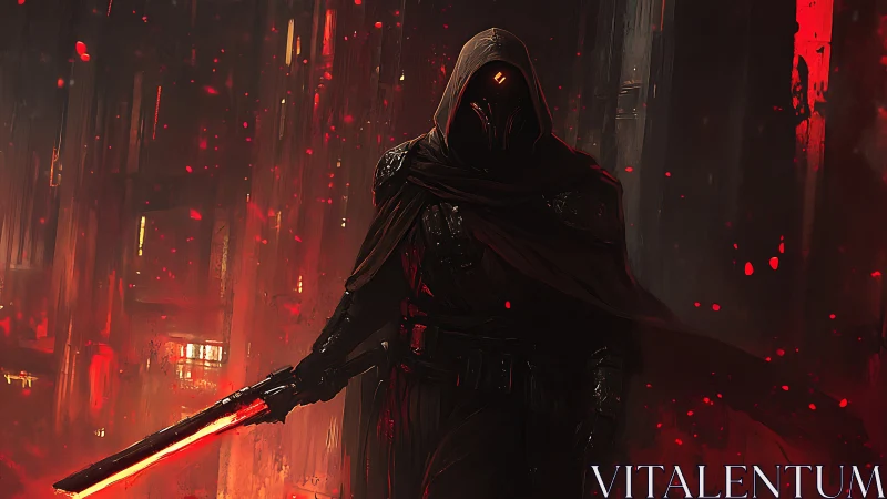 Hooded dark warrior with red energy blade in ruins.