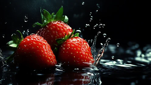 Strawberries leap from inky water like tiny scarlet comets