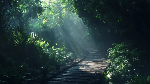 Wooden pathway through dense tropical forest canopy.
