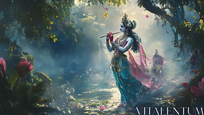 Divine flute player in luminous enchanted forest pond.