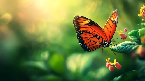 Macro study of monarch butterfly on flowering plant bokeh