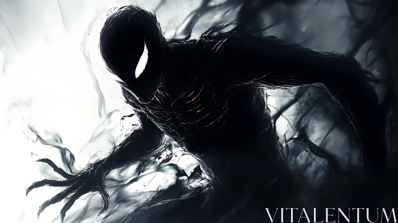 Shadowy symbiotic humanoid emerging with high-contrast lighting