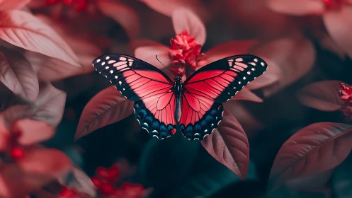 Crimson butterfly poised in a dreamlike rose-tinted garden.
