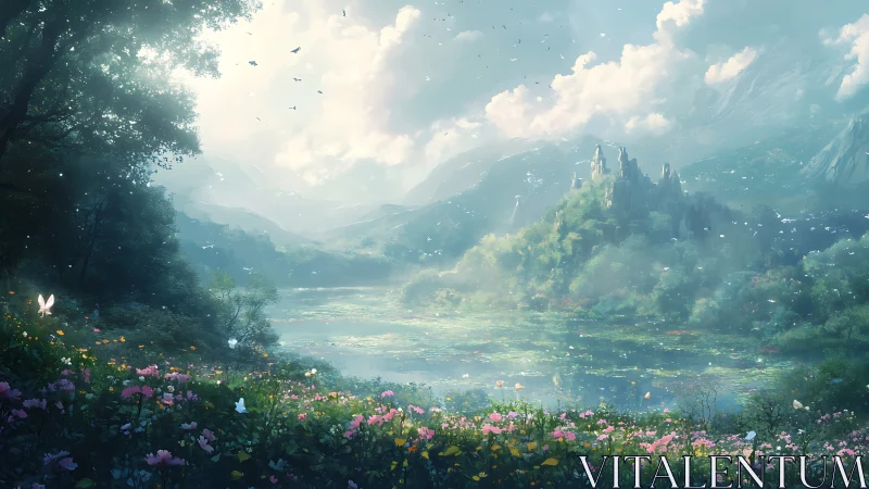 Enchanted lakeside valley cradles a distant fairytale castle