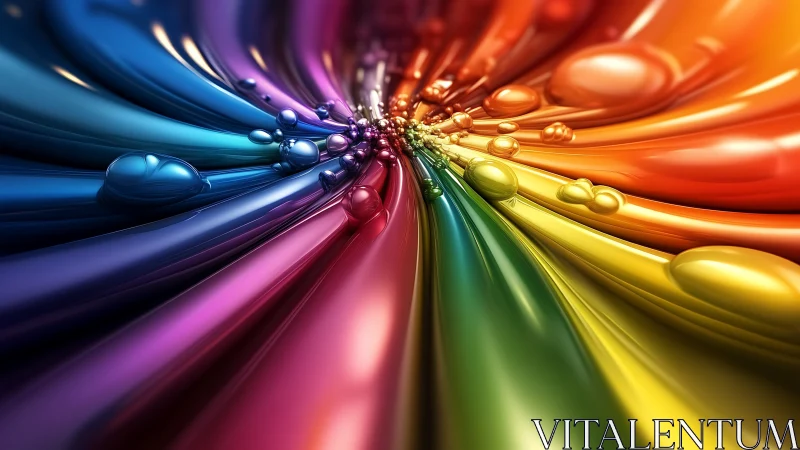 3D rainbow liquid tunnel with reflective flowing droplets.