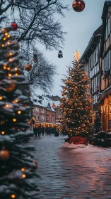 Cobblestone Christmas lane aglow with golden village sparkle.