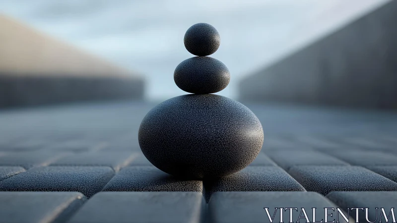 Zen basalt pebble stack on blurred geometric pathway.