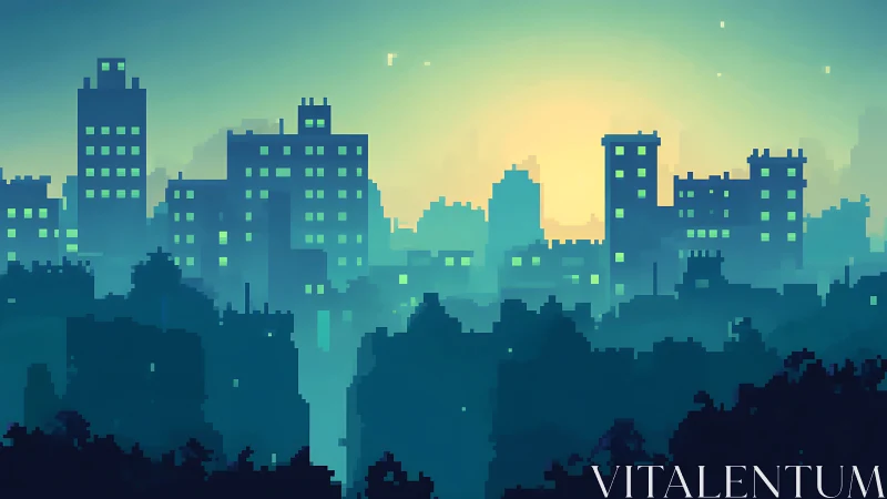 Pixelated high-rise skyline is rendered with backlit silhouettes