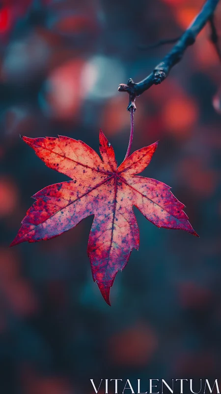 Macro view of single red maple leaf on blurred background.