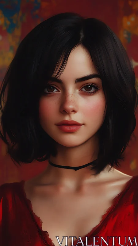 Digital portrait of dark haired woman in red dress