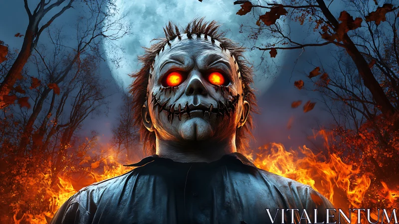 Flaming skull-masked figure under full moon in forest night.