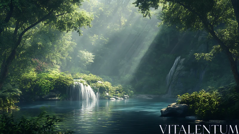 Cascading Waterfalls in Dense Tropical Rainforest Gorge with Volumetric Light