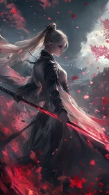 Female swordswoman in dark armor with glowing red blade.