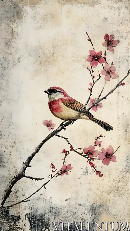 Sparrow on cherry blossom branch in distressed ink painting.