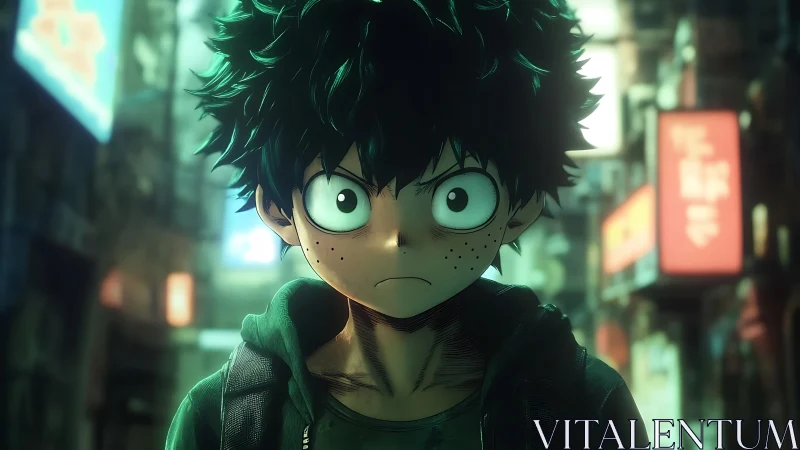 Determined green-haired boy stands brave in neon city night.