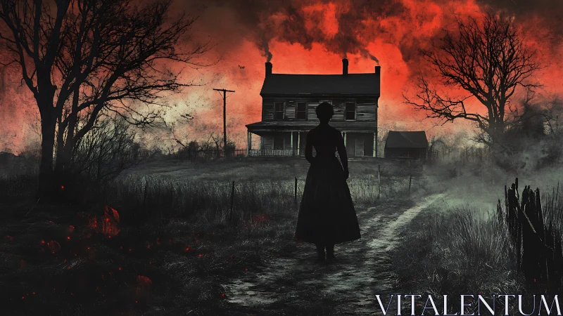 Silhouetted woman before burning sky over haunted farmhouse.