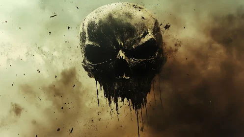 Suspended deteriorating skull formed from drifting dark debris.