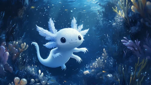 Bioluminescent axolotl gliding through refracted abyssal shallows.