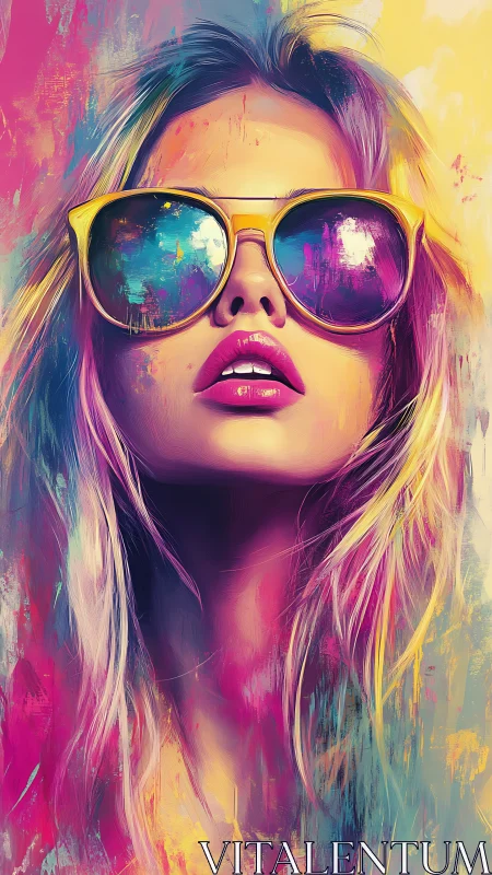 Neon-tinted female portrait with reflective sunglasses in gradients.