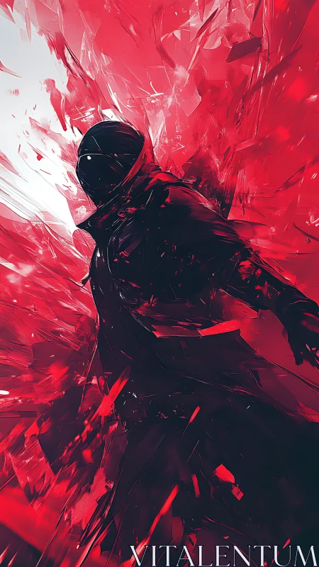 Hooded figure shatters into crimson abstract energy field.