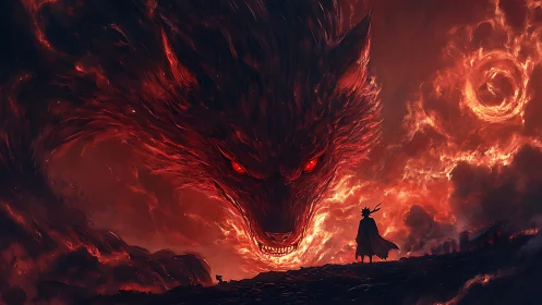 Infernal wolf spirit looms over lone warrior in burning sky.