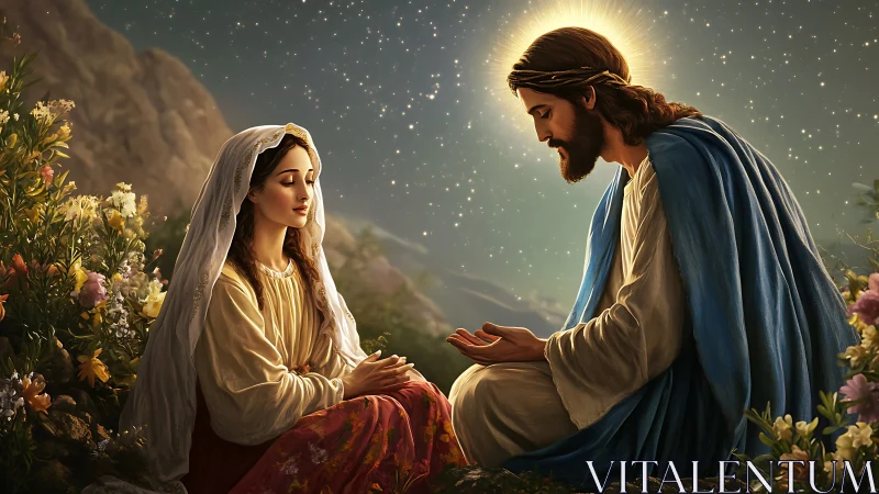 Religious figures seated in night landscape with halo effect.