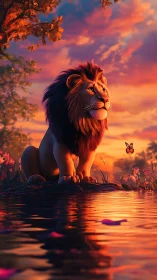 Sunset lion king dreaming by a mirror-bright riverbank.