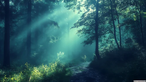Ethereal Forest Interior with Crepuscular Light Rays Through Foliage