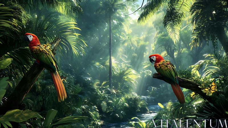 Twin jungle macaws trade colors with the waking rainforest.