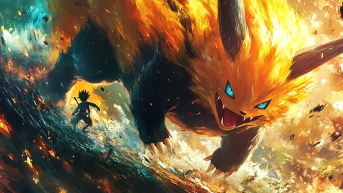 Giant flaming beast charges lone warrior across burning ground