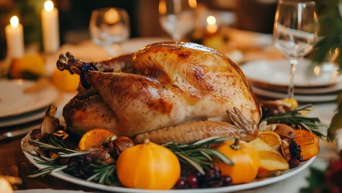 Roast whole turkey on platter with citrus, herbs, and gourds