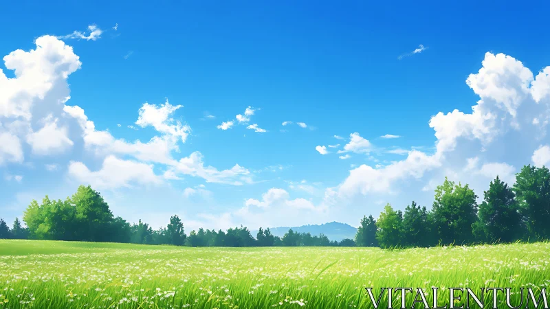 Sunlit meadow under bright blue skies and drifting clouds.