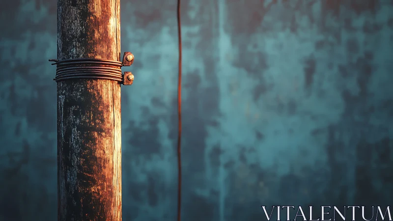 Weathered wooden pole in moody teal evening light.