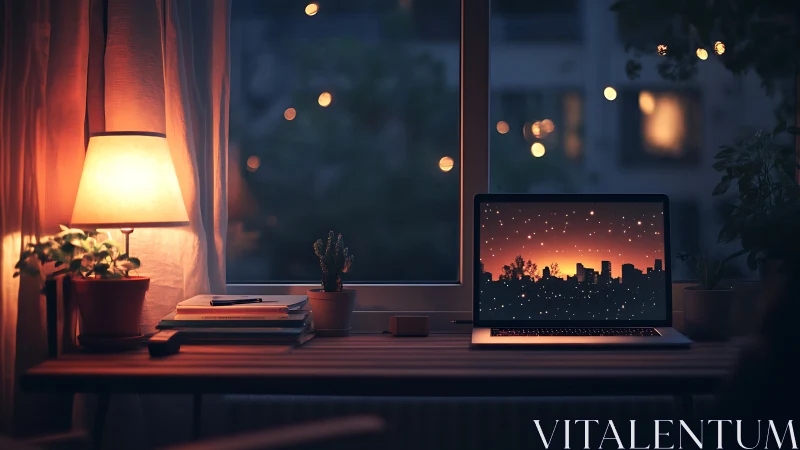 Laptop skyline dreaming under lamplight and urban starlight.